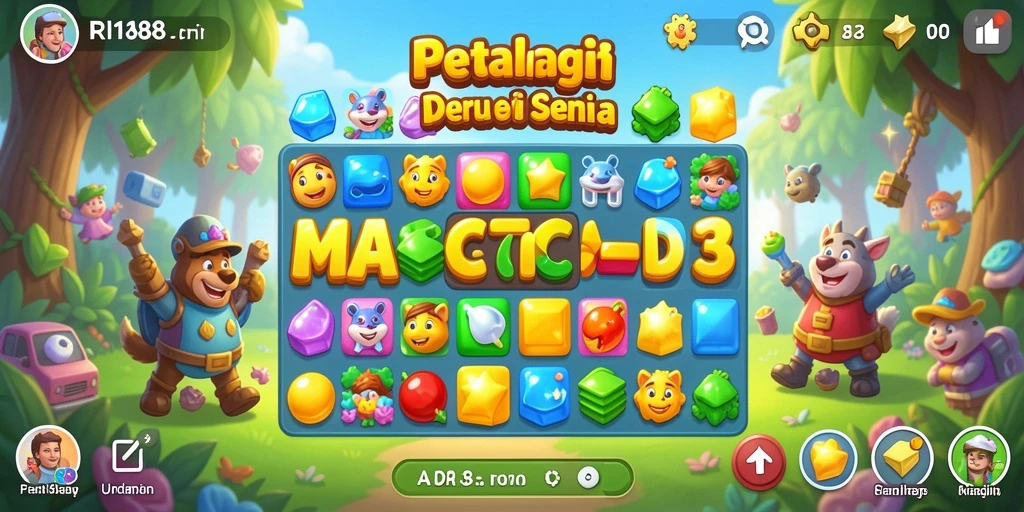 Screenshot utama RI188 menampilkan gameplay Match-3 yang seru dan penuh warna.